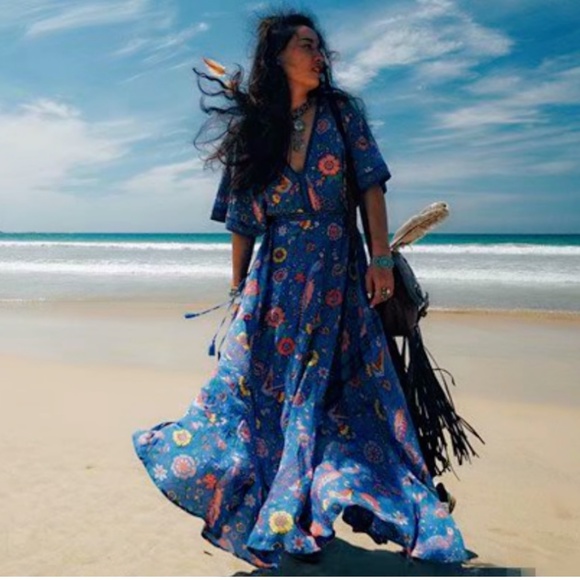 blue floral print boho v neck tassel maxi Dress - Picture 6 of 6